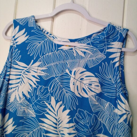 Makai Beach Hawaii Shirt Blouse Women L Sleeveless Tropical Leaves Blue White - Picture 7 of 16